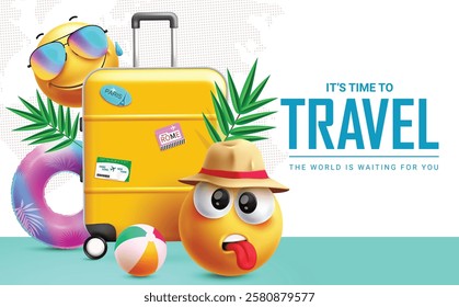 Travel time text emoji clipart design. Summer time with emoji character faces and tour elements like luggage bag, floater, ball and leaf in white tropical background. Vector illustration summer v