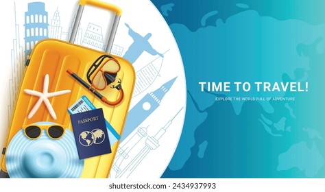 Travel time text vector banner design. Time to travel text with bag luggage, hat, passport and ticket traveler elements for holiday trip and tour concept. Vector illustration summer travel seasonal 