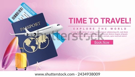 Travel time text vector banner design. Time to travel text with passport, ticket and airplane elements for website booking application advertisement background. Vector illustration travel time 