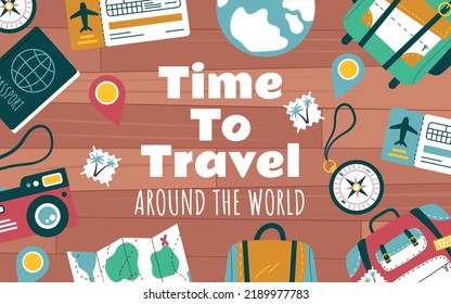 Travel time trip tour around the world agency banner poster abstract concept. Vector graphic design illustration