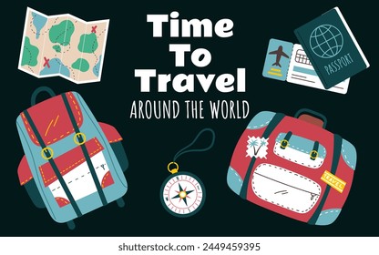 Travel time trip tour around the world agency banner poster abstract concept. Vector graphic design illustration