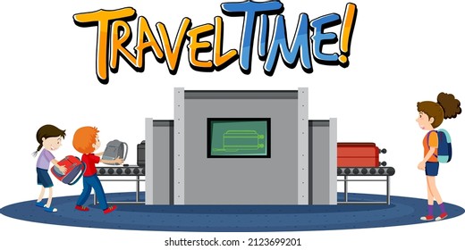 Travel Time typography design with passengers waiting for luggages illustration