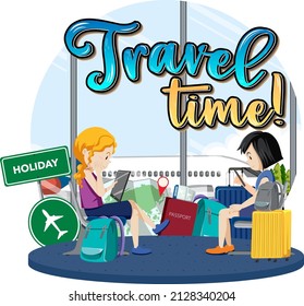 Travel Time typography design with passengers waiting for boarding illustration