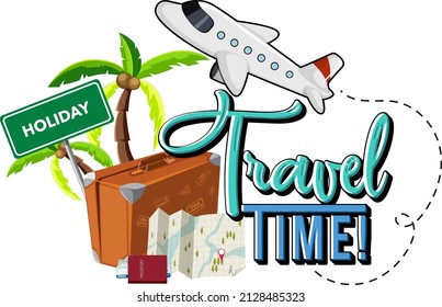 Travel Time typography design with travelling objects illustration