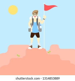 travel time in vacation season with 
backpacker man holding flag climbing to top of mountain, flat vector illustration cartoon design,isolated  character costume cartoon clip art