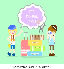 travel time in vacation season with cute boy and girl holding camera and colorful luggage suitcase and happy passport flat vector illustration cartoon design,isolated  character costume cartoon