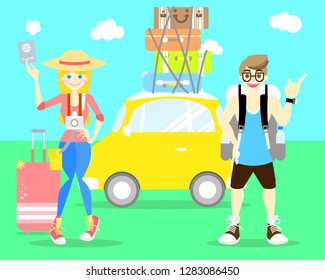 travel time in vacation season with man and woman couple backpacker holding passport and car with colorful luggage suitcase flat vector illustration cartoon design,isolated  character costume cartoon