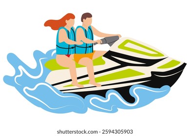 Travel, Time to travel, Vacation, Travel the world, Jet skiing, water sports, man and woman holding steering wheel, vacation, vector illustration