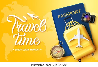 Travel time vector background design. Travel time text with 3d passport, compass and luggage bag in yellow map elements for fun and enjoy worldwide travelling. Vector illustration.
