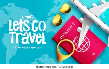 Travel time vector background design. Time to travel text with 3d travelling elements of passport and airplane in map  for worldwide trip journey. Vector illustration.
