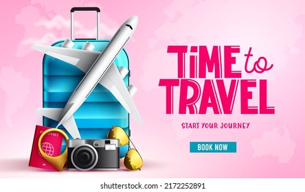 Travel time vector background design. Time to travel text with 3d tourist elements of luggage bag, passport and airplane for travelling tour journey . Vector illustration.
