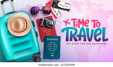 Travel time vector background design. Time to travel text in pink background with luggage bag, passport and ticket travelling elements for fun and adventure trip tour. Vector illustration.
