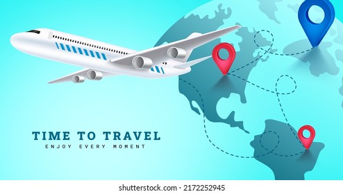 Travel time vector background design. Time to travel text with airplane flight in different worldwide location for enjoy around the world travelling. Vector illustration.
