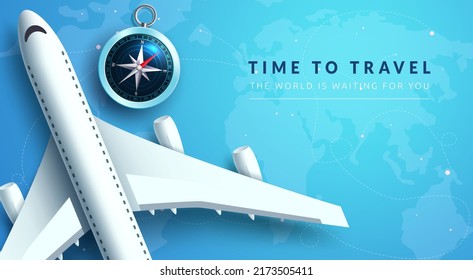 Diseño de fondo vectorial de tiempo de viaje. Tiempo de viajar texto con elementos de avión 3d y brújula en un mapa azul creativo para viajar por todo el mundo. Ilustración vectorial.
