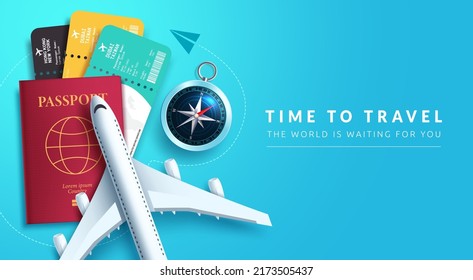 Travel time vector background design. Time to travel text in blue space with 3d tourist elements of airplane, passport and tickets for around the world travelling. Vector illustration.
