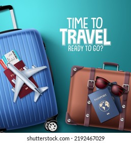 Travel time vector background design. Travel ready to go text in blue empty space with traveler elements for holiday vacation trip. Vector Illustration.