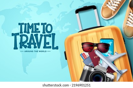 Travel time vector background design. Travel around the world text in map empty space with luggage, sneakers and passport elements for holiday vacation. Vector Illustration.