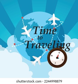 Travel time vector background design. Time to travel text with 3d airplane window view of international tourist destination for worldwide trip journey. Vector illustration.