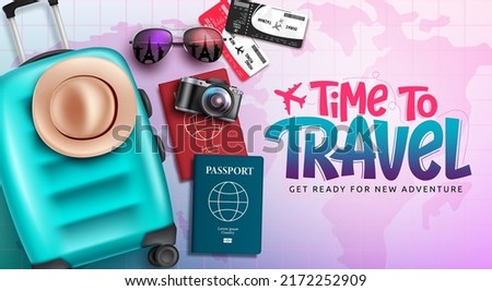 Travel time vector background design. Time to travel text in pink background with luggage bag, passport and ticket travelling elements for fun and adventure trip tour. Vector illustration.

