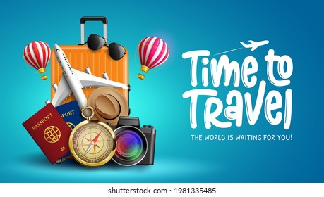 Diseño de banner vectorial en tiempo de viaje. Tiempo de viajar texto con elementos de viaje como avión, brújula, pasaporte y equipaje para la visita de turismo y el diseño de viaje de destino. Ilustración del vector