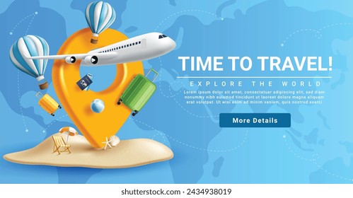 Travel time vector banner design. Summer time to travel text with location pin, airplane, air balloon and bag luggage elements for holiday beach booking website background. Vector illustration summer 