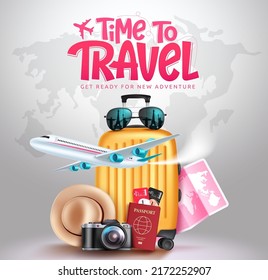 Travel time vector concept design. Time to travel text in map background with luggage, airplane and passport tour elements for fun and enjoy travelling adventure. Vector illustration.
