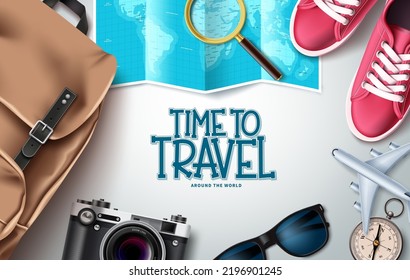 Travel time vector design. Travel around the world text with tourist elements like bag, sneakers, camera and compass for worldwide exploration. Vector Illustration. 