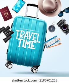 Travel time vector design. Travel around the world text in luggage bag space with binocular, phone, passport and camera for vacation trip international. Vector Illustration.