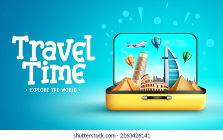 Diseño vectorial de tiempo de viaje. Tiempo de viaje explorar el texto del mundo con el punto de referencia 3d de destino turístico en el elemento maleta para viajes internacionales. Ilustración vectorial.
