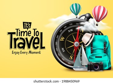 Travel time vector design. It's time to travel text in yellow empty space with traveler compass elements for international trip and tour exploration. Vector illustration.