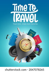 Travel Time Vector Design. Time To Travel Text With Compass, Airplane, Luggage Bag And Passport Tourist Flight Elements For International Adventure Travelling. Vector Illustration.
