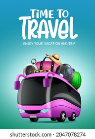 Travel time vector design. Time to travel text with bus transportation vehicle, luggage bag and compass tour elements for fun and enjoy vacation trip. Vector illustration.
