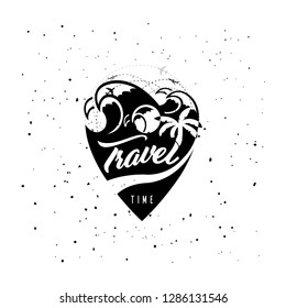 Travel time. Vector GPS Pin icon with palm and waves.