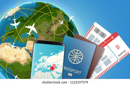 Ilustración vectorial de tiempo de viaje con la Tierra. Concepto de vacaciones con accesorios