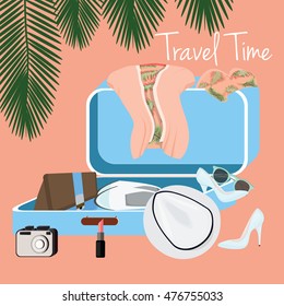 Travel time vector. Open suitcase with women summer clothes.