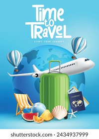 Diseño de póster vectorial de tiempo de viaje. Es hora de viajar texto con avión, equipaje, pasaporte y billete para viaje internacional y mundial y banner de vacaciones. Ilustración vectorial de tiempo de viaje 