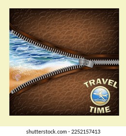 Travel Time vip card with zipper and sea shell, vector illustration