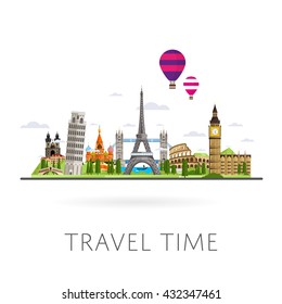 Travel time. World famous architecture landmark and tourist destination element on white cloudy background. Air-hot balloon city excursion trip. Travel time in Europe on vacation invitation poster
