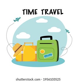 Travel time  With yellow and green travel bags.vector Illsutration.flat design