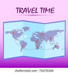 Travel time.Folded world map with route on pink background. Vector illustration