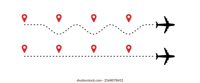  travel timeline dots, airplane route dotted line with red map pins, transportation route chart