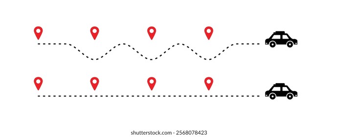 travel timeline dots, car route dotted line with red map pins, transportation route chart