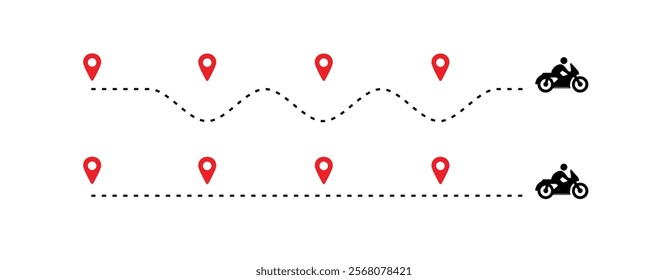 travel timeline dots, motorcycle route dotted line with red map pins, transportation route chart