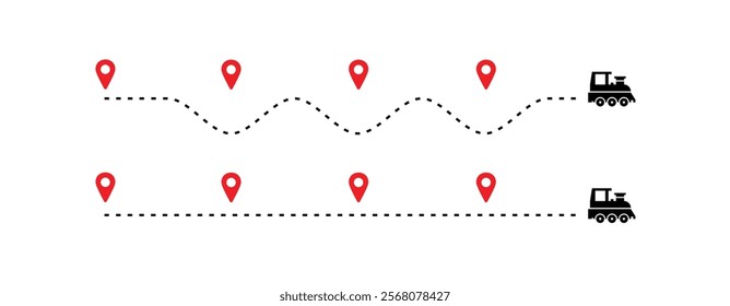 travel timeline dots, train route dotted line with red map pins, transportation route chart