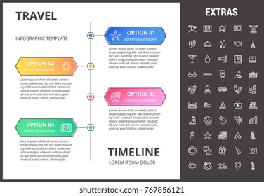 Travel timeline infographic template, elements and icons. Infograph includes options with years, line icon set with tourist attraction, luggage cart, travel planning, holiday vacation, traveler etc.