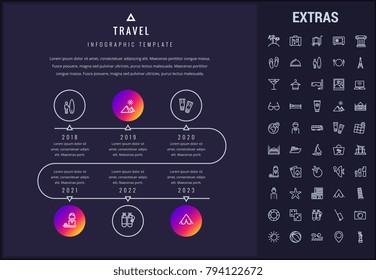 Travel timeline infographic template, elements and icons. Infograph includes years, line icon set with tourist attraction, luggage cart, travel planning, holiday vacation, hotel accommodation etc.