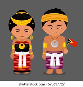 Travel to Timor Leste. People in national dress with a flag. Man and woman in traditional costume. Vector flat illustration.