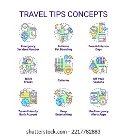 Juego de iconos de concepto de consejos de viaje. Consejos para mejorar el viaje. Moviendo con las mascotas ideas ilustraciones de color de línea delgada. Símbolos aislados. Trazo editable. Fuentes Roboto-Medium, Myriad Pro-Bold utilizadas