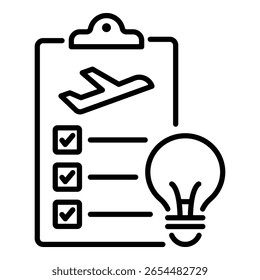 Ícone de dicas de viagem, representando conselhos de viagem e planejamento inteligente. Simboliza insights e preparação úteis.