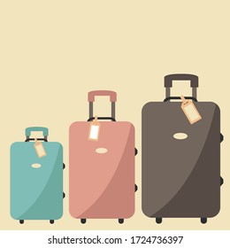 travel together vector. three sizes of simple art suitcase clipart & text family vacation on journey or holiday cartoon. 3 cute luggage set & label tag or baggage bag collection flat design in airport